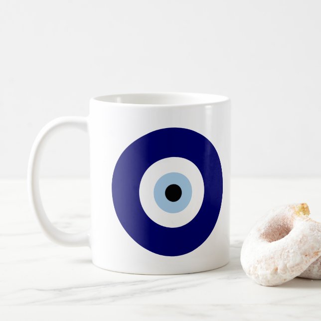 Personalised Blue Evil Eye Protection Symbol Coffee Mug (With Donut)