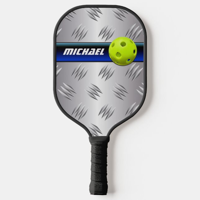 Personalised Blue, FAUX Silver Diamond Plate Pickleball Paddle (Back)