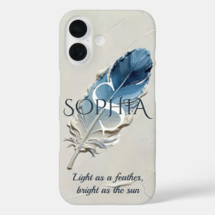 Personalised Blue Feather Custom Name Monogram iPhone 16 Case