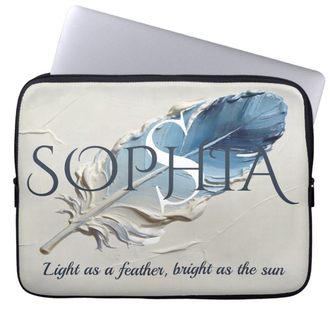 Personalised Blue Feather Custom Name Monogram  Laptop Sleeve (Front)