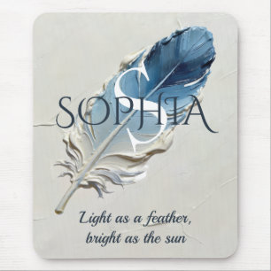 Personalised Blue Feather Custom Name Monogram Mouse Pad