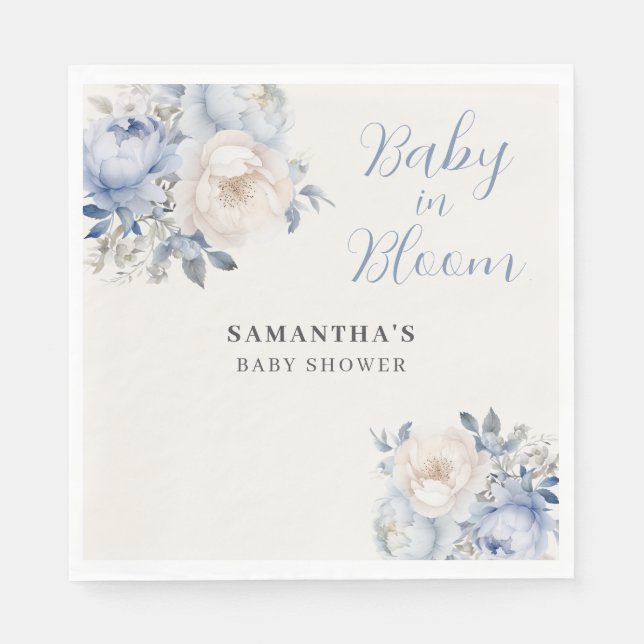 Personalised Blue Floral Boy Baby In Bloom Shower  Napkin (Front)