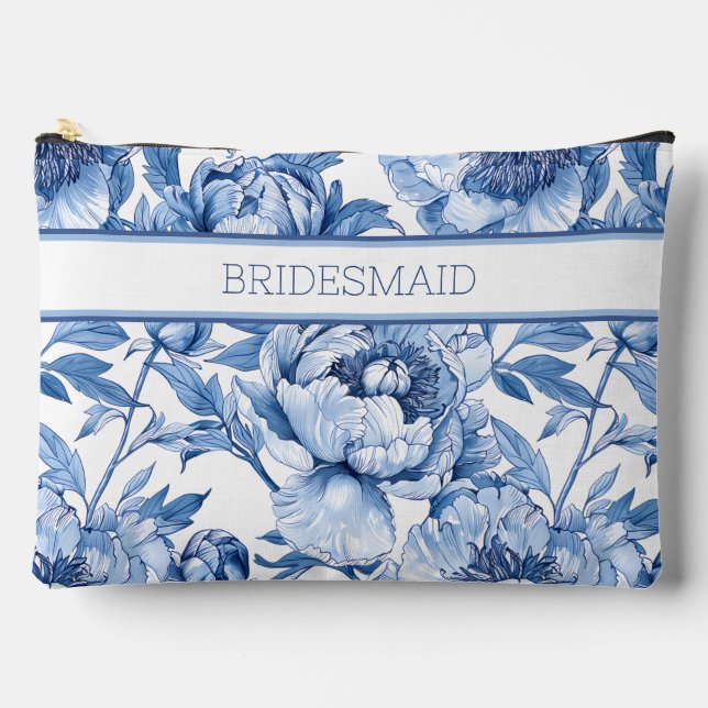 Personalised Blue Floral Bridesmaid Travel Flower Accessory Pouch (Front)