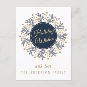 Personalised Blue Floral Christmas Holiday Wishes Postcard