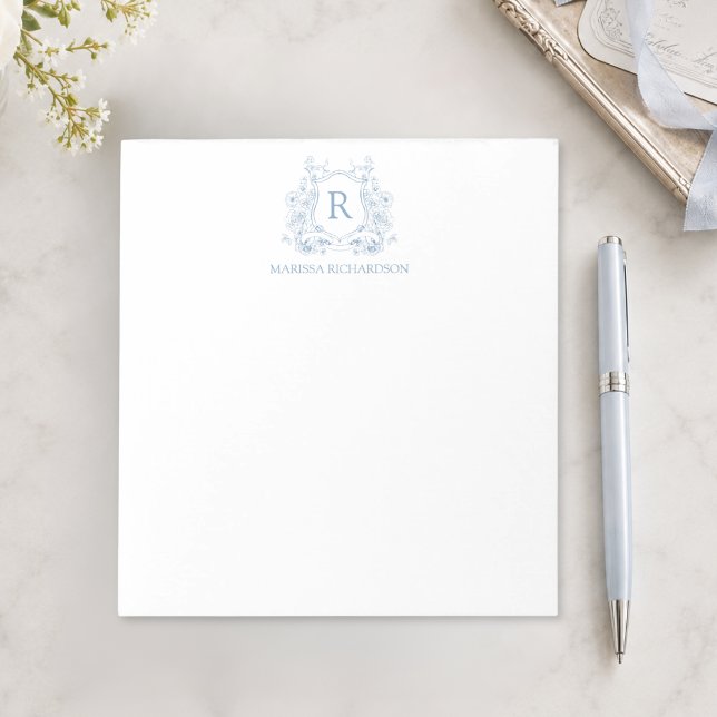 Personalised Blue Floral Crest Notepad (elegant french provincial pale blue monogram crest notepad with custom initial and name)