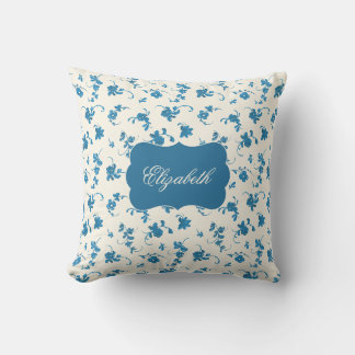 Personalised Blue Floral Elegant Throw Pillow