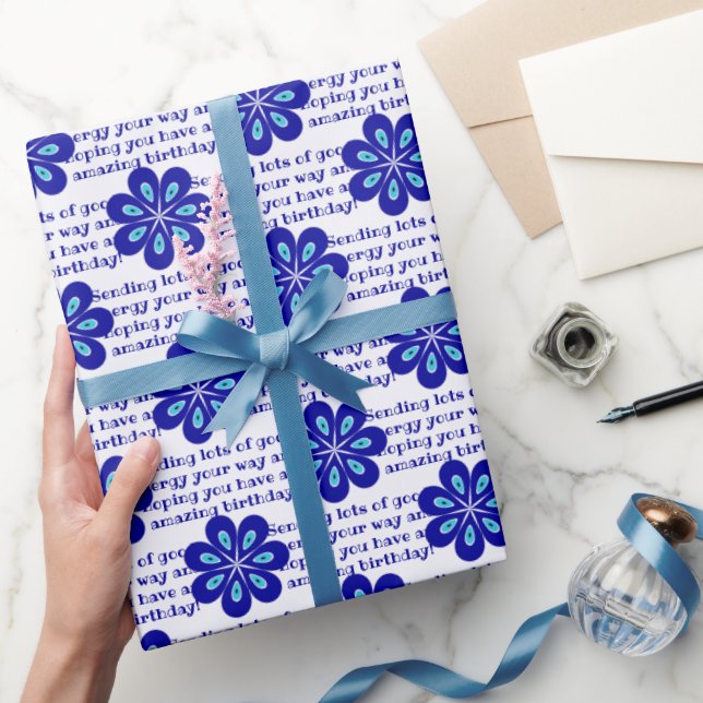 Personalised Blue Floral Evil Eye Amulet Pattern Wrapping Paper (Gifting)