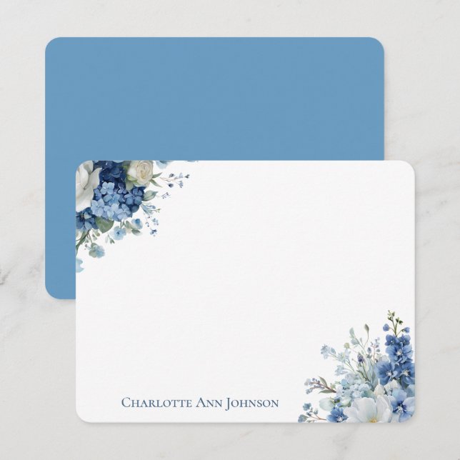 Personalised Blue Floral Flat Note Cards (Front/Back)