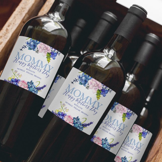 Personalised Blue Floral Happy Mothers Day Wine Label (Creator Uploaded)