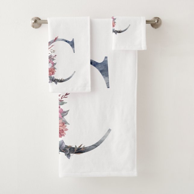 Personalised Blue Floral Monogram C Bath Towel Set (Insitu)