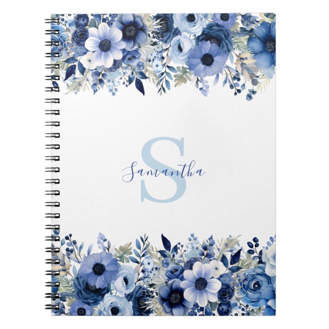 Personalised Blue Floral   Notebook (Front)