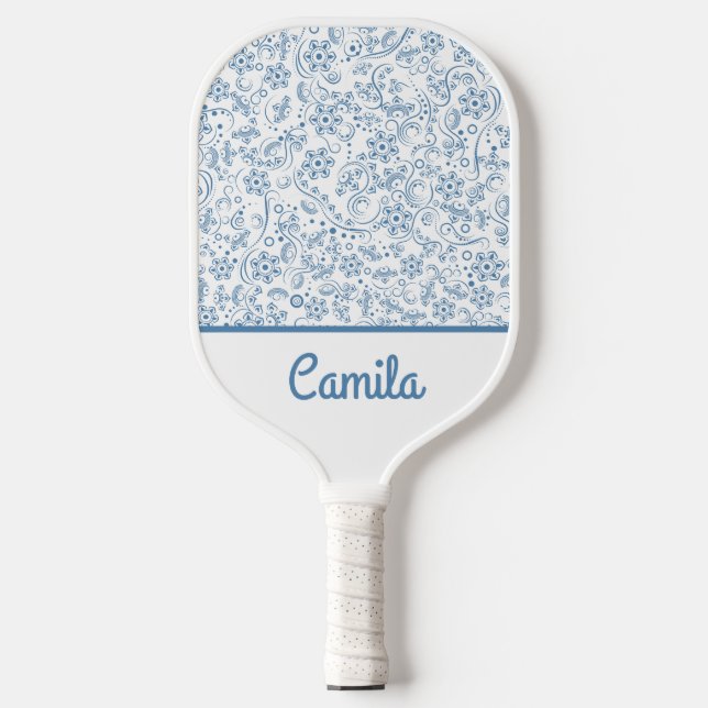 Personalised Blue Floral Pattern Custom Name  Pickleball Paddle (Front)