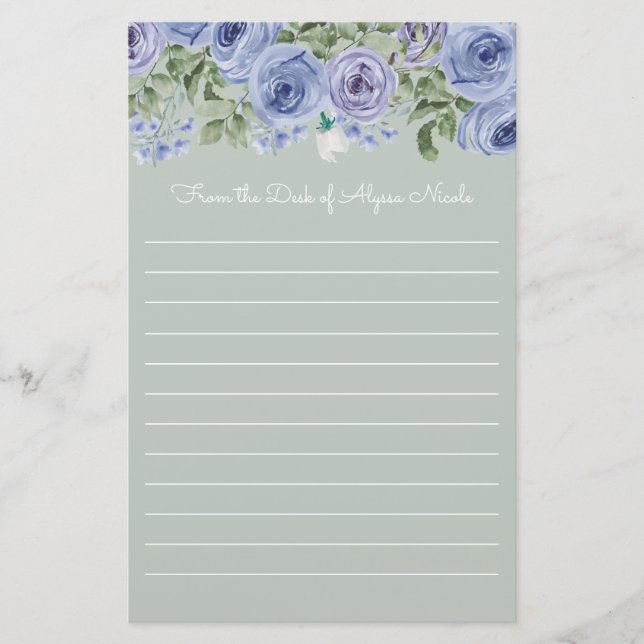 Personalised Blue Floral Sage Green White Lined Stationery (Front)