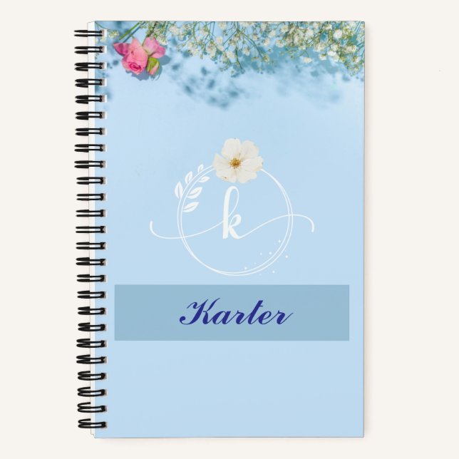 Personalised Blue Floral Spiral Notebook with Name (Front)