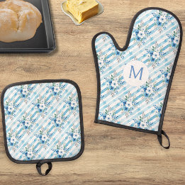 Personalised Blue Floral Stripe Country Kitchen Oven Mitt & Pot Holder Set