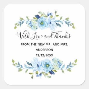 Personalised Blue Floral Wedding Favour   Square Sticker