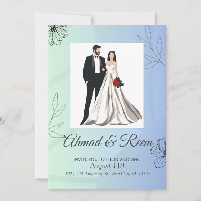 Personalised Blue Floral Wedding Invitation Card (Front)