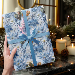 Personalised Blue Floral with Photos and Names Wrapping Paper