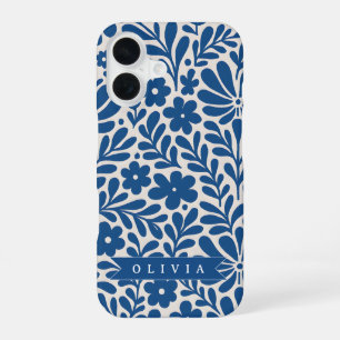 Personalised Blue Folk Floral Nordic Custom iPhone 16 Case