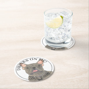 Personalised Blue Frenchie French Bulldog Wedding Round Paper Coaster