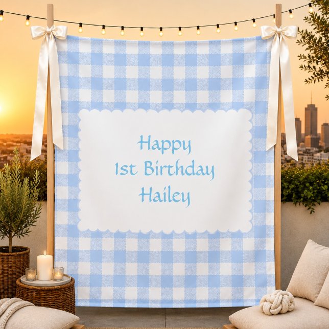Personalised Blue Gingham Birthday Custom Party Tapestry (Creator Uploaded)