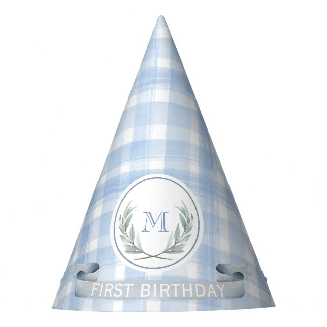Personalised Blue Gingham Laurel Crest Party Hat (Front)