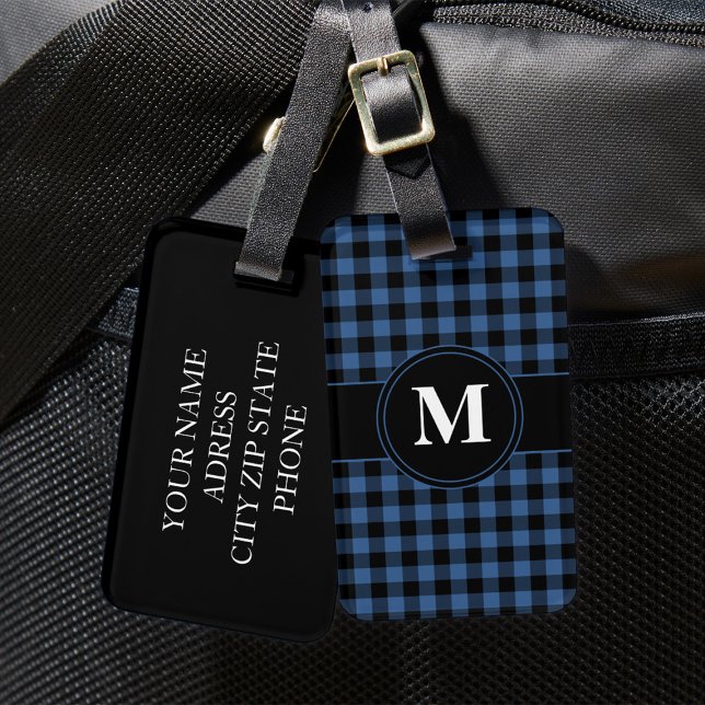 Personalised Blue Gingham Monogram Luggage Tag (Monogram Blue And Black Gingham Pattern Luggage Tag)