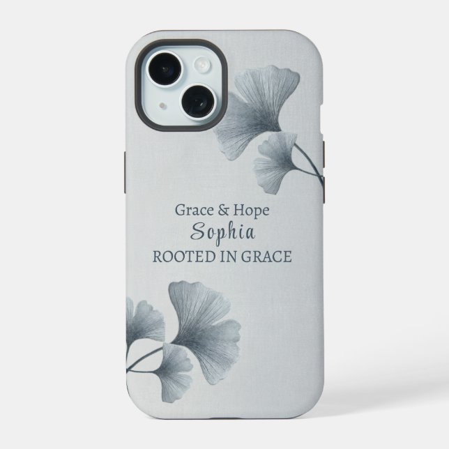 Personalised Blue Ginkgo Leaf Custom Name iPhone 15 Case (Back)