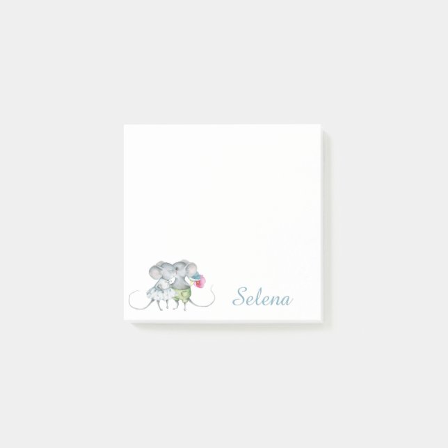 Personalised Blue Girl Boy Mouse Flower Post-it Notes (Front)
