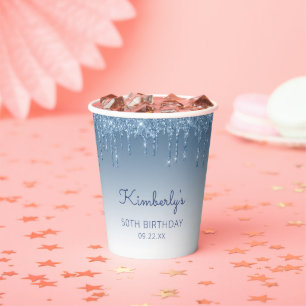Personalised Blue Glitter Drip 50th Birthday Party Paper Cups