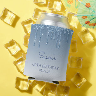 Personalised Blue Glitter Drip 60th Birthday Can Cooler
