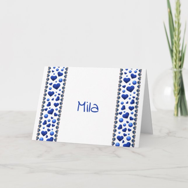 Personalised, Blue glitter heart Holiday Card (Front)