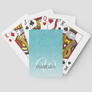 Personalised Blue Glitter Ombre Name Monogram Playing Cards
