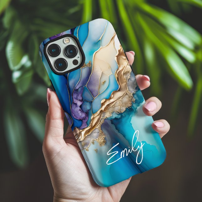Personalised Blue Gold Marble Calligraphy Name Case-Mate iPhone Case (Creator Uploaded)