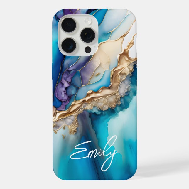 Personalised Blue Gold Marble Script Name iPhone Case (Back)