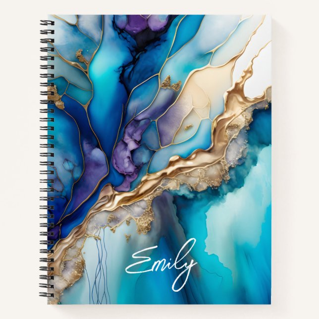 Personalised Blue Gold Marble Script Name  Notebook (Front)