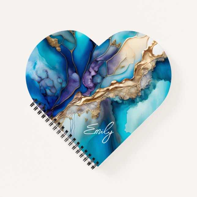 Personalised Blue Gold Marble Script Name  Notebook (Front)
