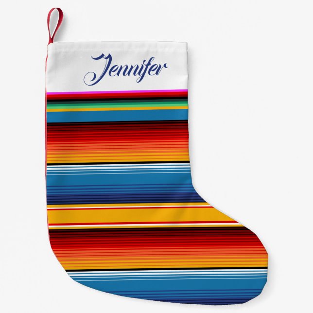 Personalised Blue Gold Red Mexican Sarape Small Christmas Stocking (Front)