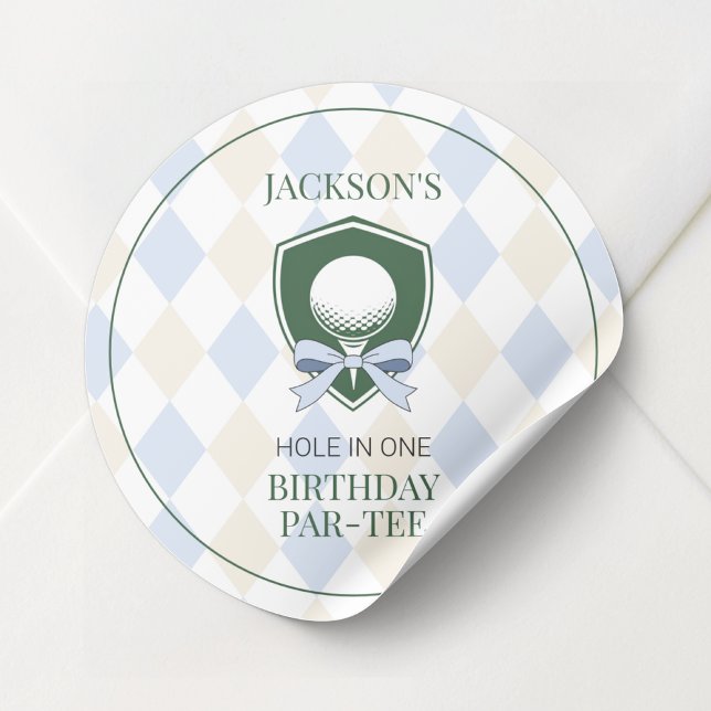 Personalised Blue Golf Boys First Birthday Partee Classic Round Sticker (Personalized Blue Golf Boys First Birthday Partee Classic Round Sticker)