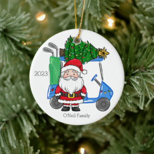 Personalised Blue Golf Cart Santa Christmas Tree Ceramic Tree Decoration