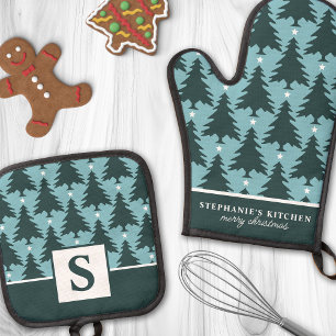Personalised Blue Green Christmas Tree Monogram Oven Mitt & Pot Holder Set
