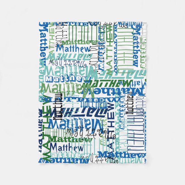 Personalised Blue/Green Custom Name Collage Boy's Fleece Blanket (Front)
