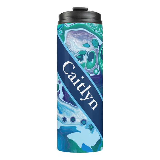 Personalised Blue Green Digital Marble Art Thermal Tumbler (Front)