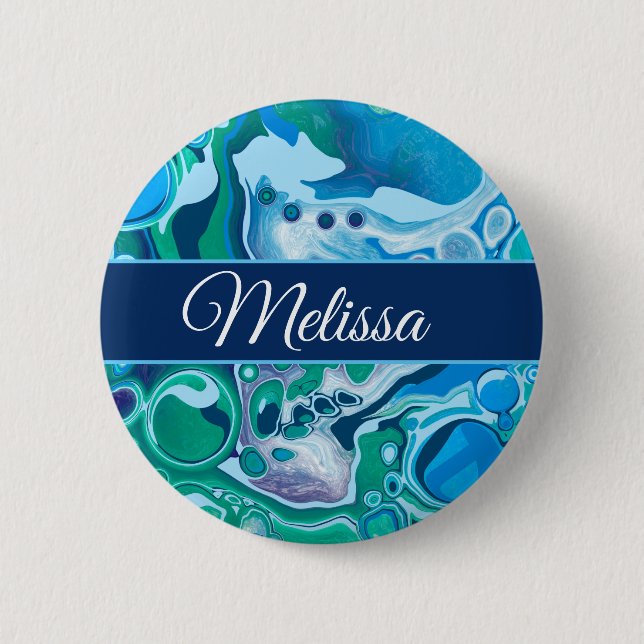 Personalised Blue Green Digital Marble Fluid Art   6 Cm Round Badge (Front)