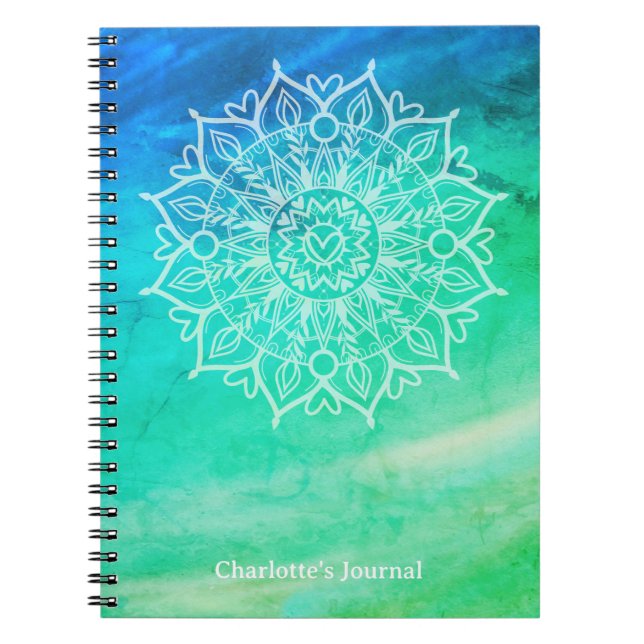 Personalised Blue Green Mandala Journal Notebook (Front)