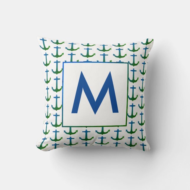 Personalised Blue Green Nautical Anchor Cushion (Front)