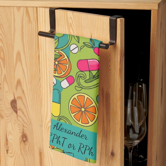 Personalised Blue & Green Orange Pharmacy Tea Towel (Thirds Fold)