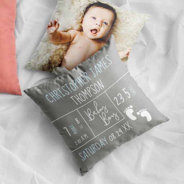 Personalised Blue Grey Birth Stat Baby Boy Photo Cushion (Baby boy birth stat personalized photo pillow.)
