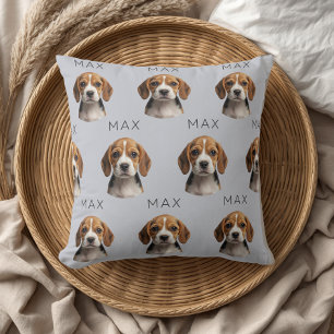Personalised Blue Grey Dog Photo & Name Pattern Cushion