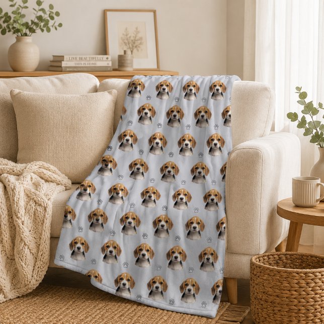 Personalised Blue Grey Dog Photo Paw Pattern Fleece Blanket (Creator Uploaded)